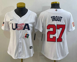 Womens USA Baseball #27 Mike Trout 2023 White World Classic Replica Stitched Jersey